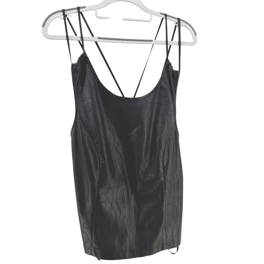 Marc NY Tank Top Women Medium Black Faux Leather Embroidered Edgy Goth Moto Club